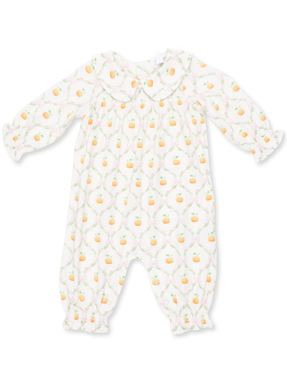 Baby romper with a subtle pumpkin pattern, featuring a collar and gathered sleeves. Perfect for cozy outfits.