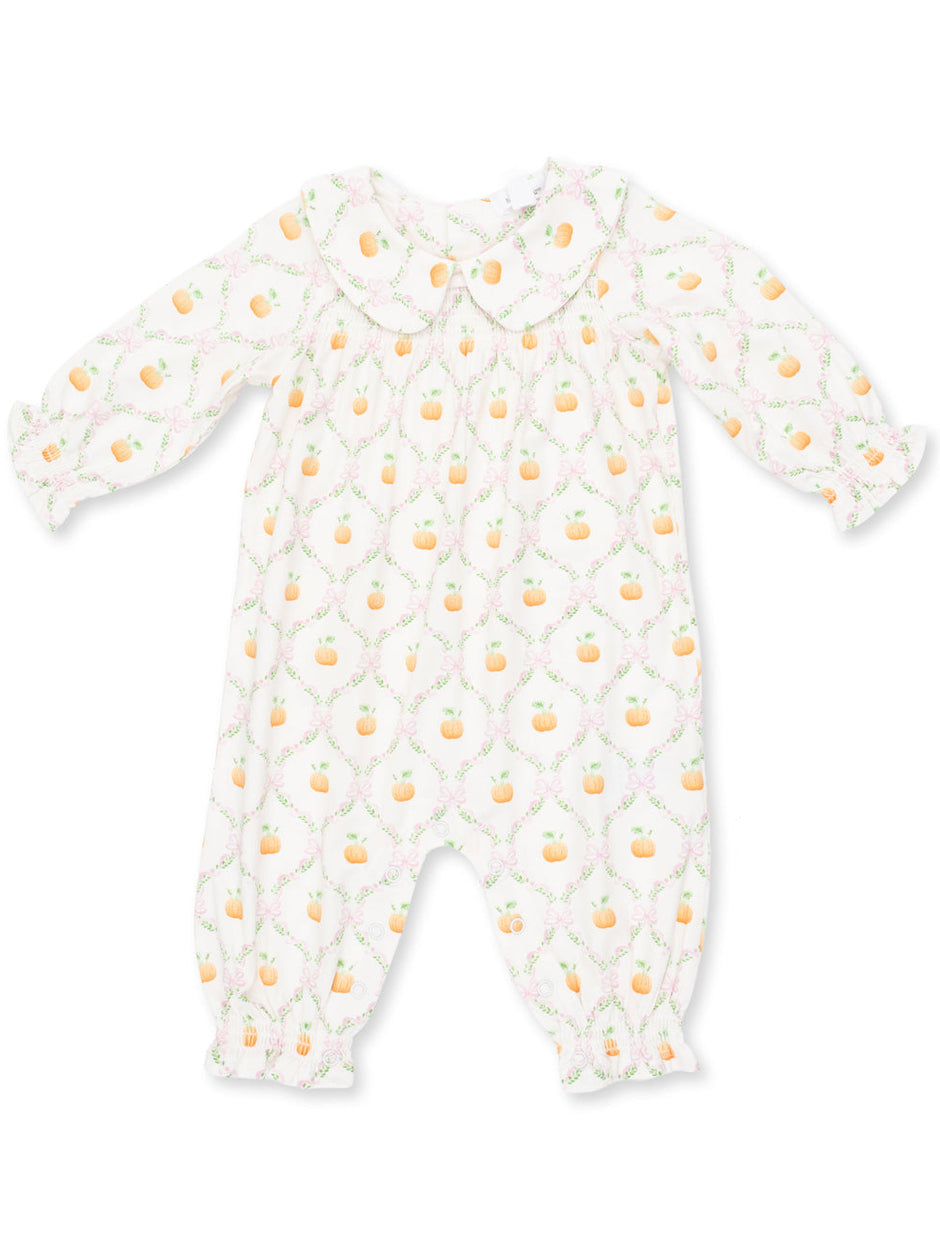 Smocked Long Sleeve Romper, Pretty Pumpkin Trellis