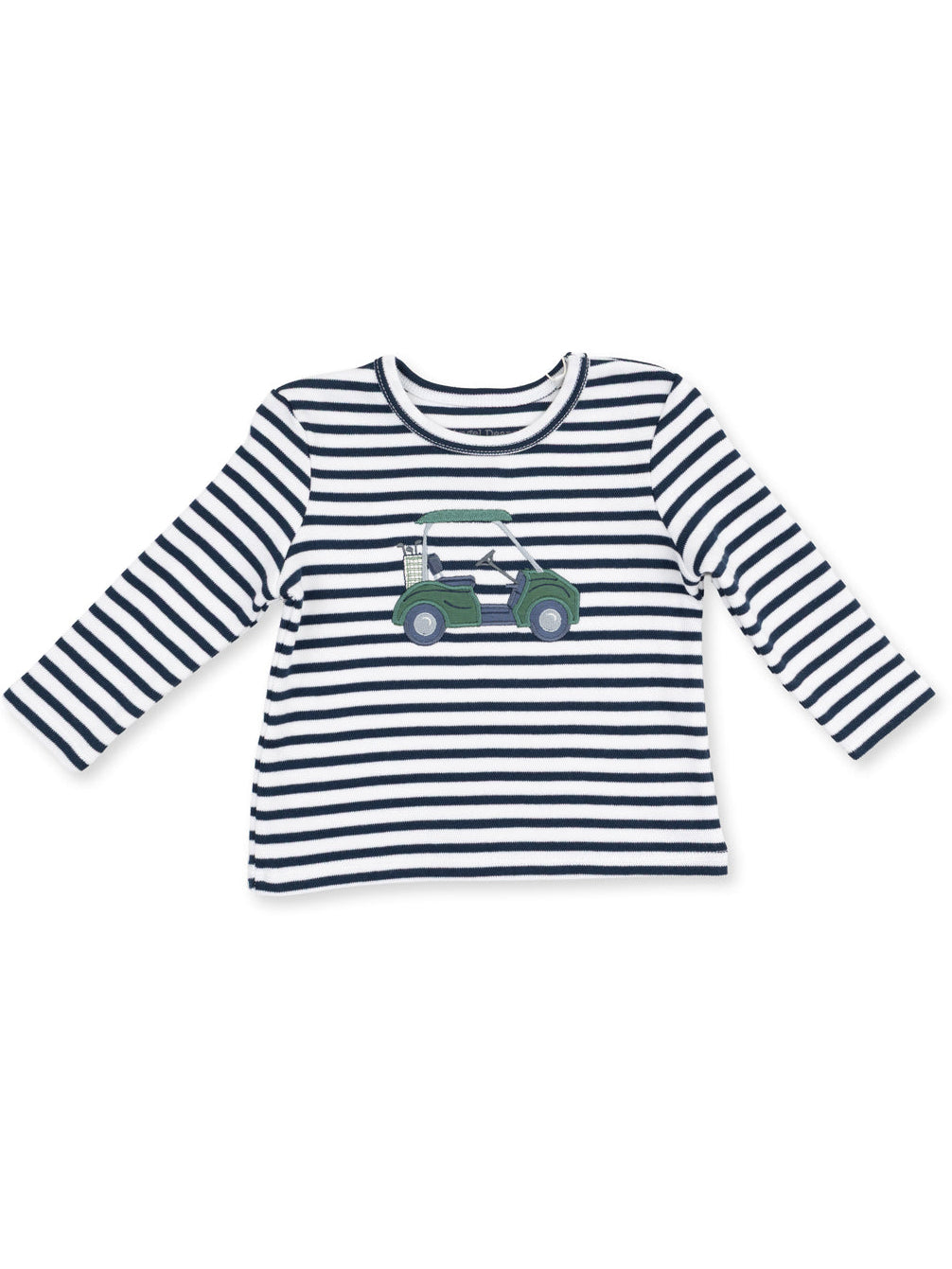 Striped long-sleeve shirt with a golf cart graphic on the front, suitable for casual wear.