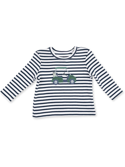 Striped long-sleeve shirt with a golf cart graphic on the front, suitable for casual wear.