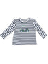 Striped long-sleeve shirt with a golf cart graphic on the front, suitable for casual wear.