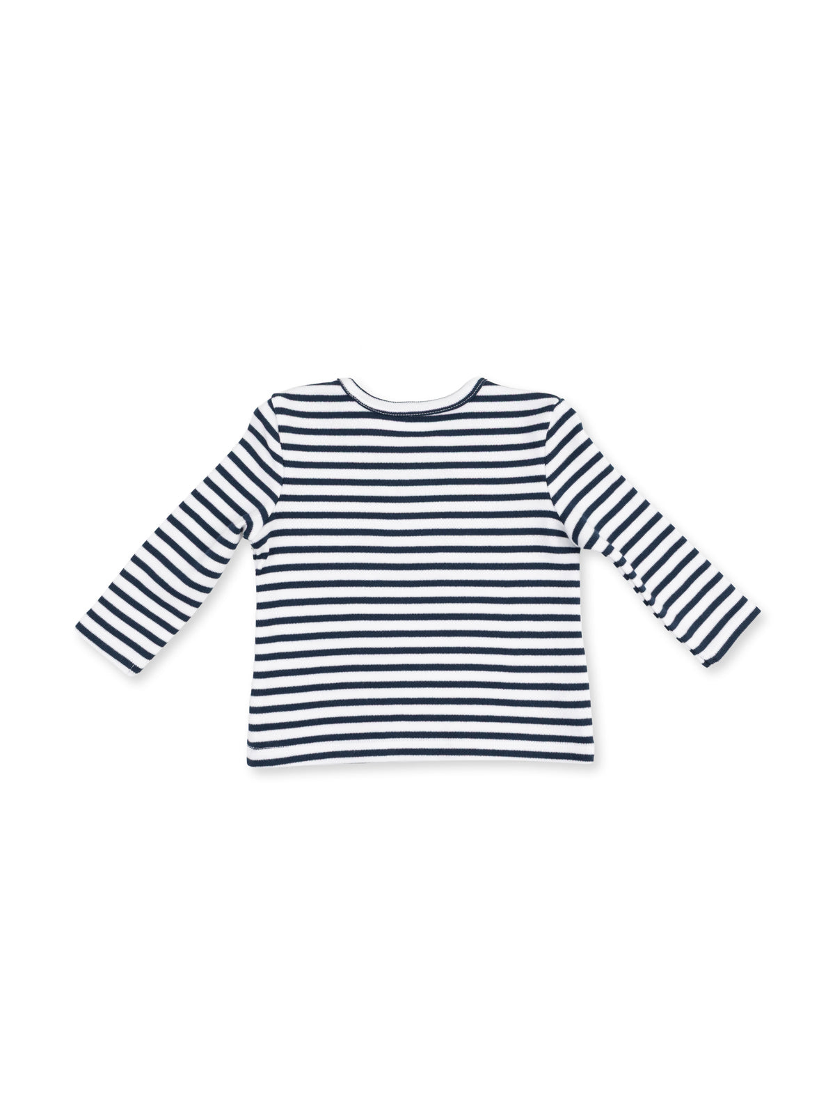 Long-sleeve navy and white striped shirt with rounded neckline, viewed from the back.