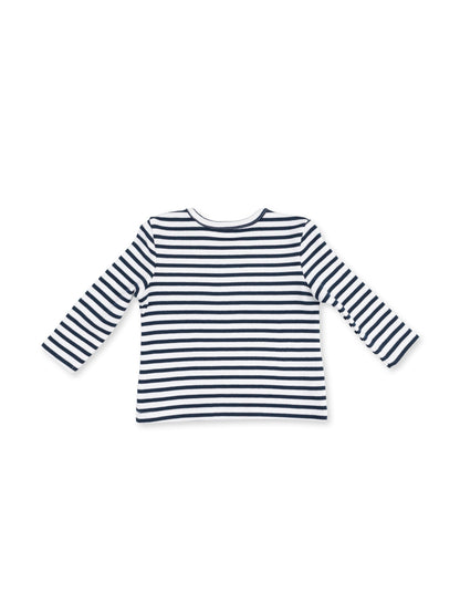 Long-sleeve navy and white striped shirt with rounded neckline, viewed from the back.
