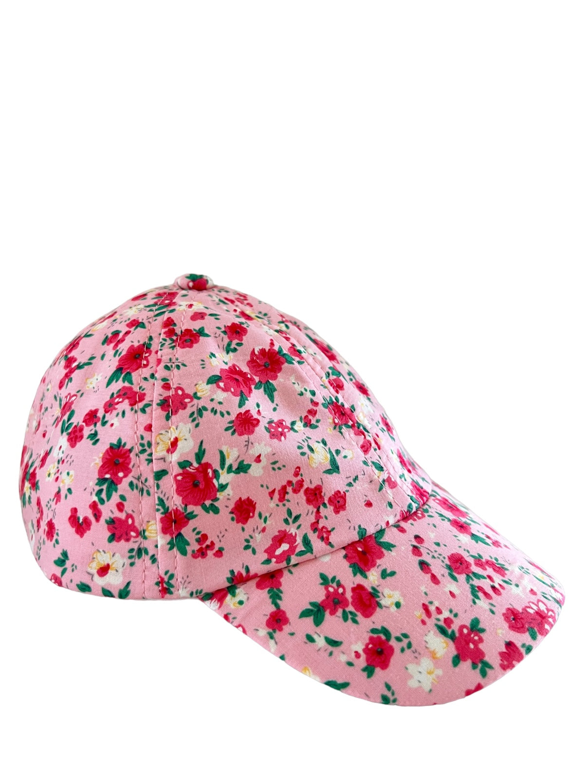 Floral pink baseball cap featuring red and yellow flowers against a light background.
