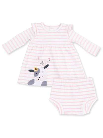 Pink striped dress with cow and bird design, paired with matching bloomers. Ideal for toddlers.