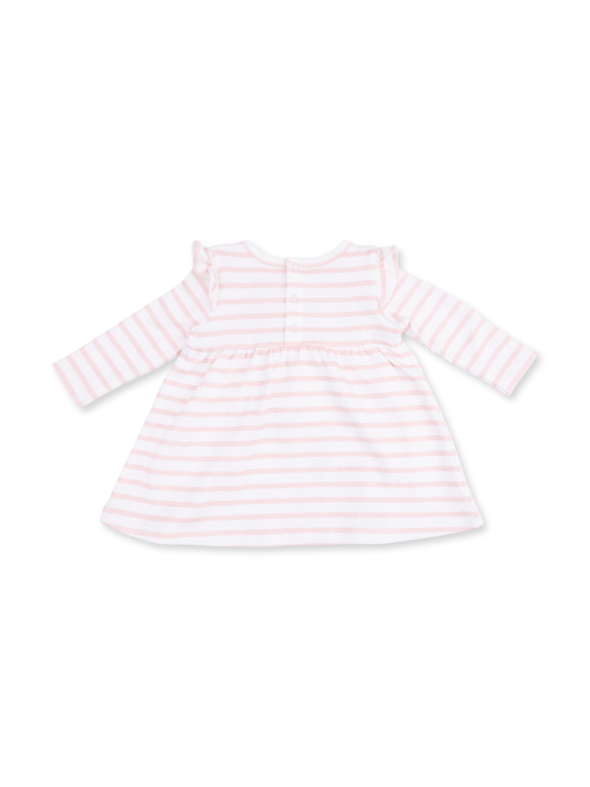 Back view of a pink and white striped long-sleeve dress for toddlers, featuring ruffled sleeves and button closure.