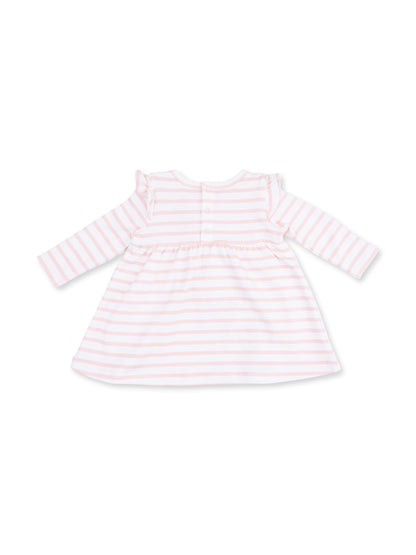 Back view of a pink and white striped long-sleeve dress for toddlers, featuring ruffled sleeves and button closure.