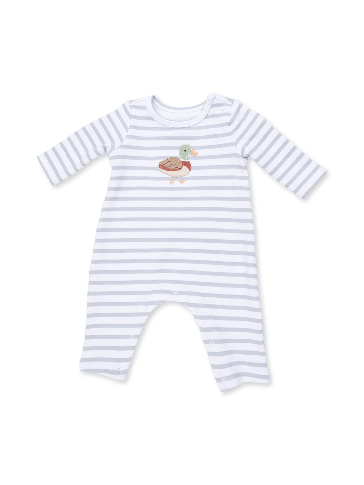 Striped baby romper with a duck design on the front and snap closures at the bottom. Ideal for infants.