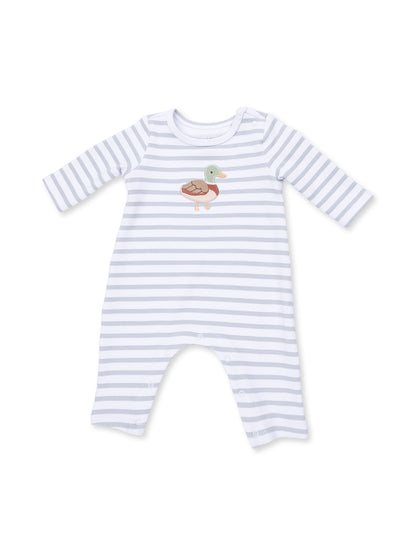 Striped baby romper with a duck design on the front and snap closures at the bottom. Ideal for infants.