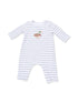 Striped baby romper with a duck design on the front and snap closures at the bottom. Ideal for infants.