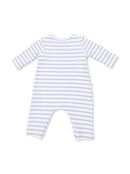 White and gray striped baby romper with long sleeves and a round neckline, viewed from the back.