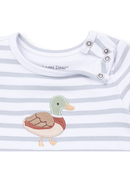 Striped baby shirt with an embroidered duck design on the front.
