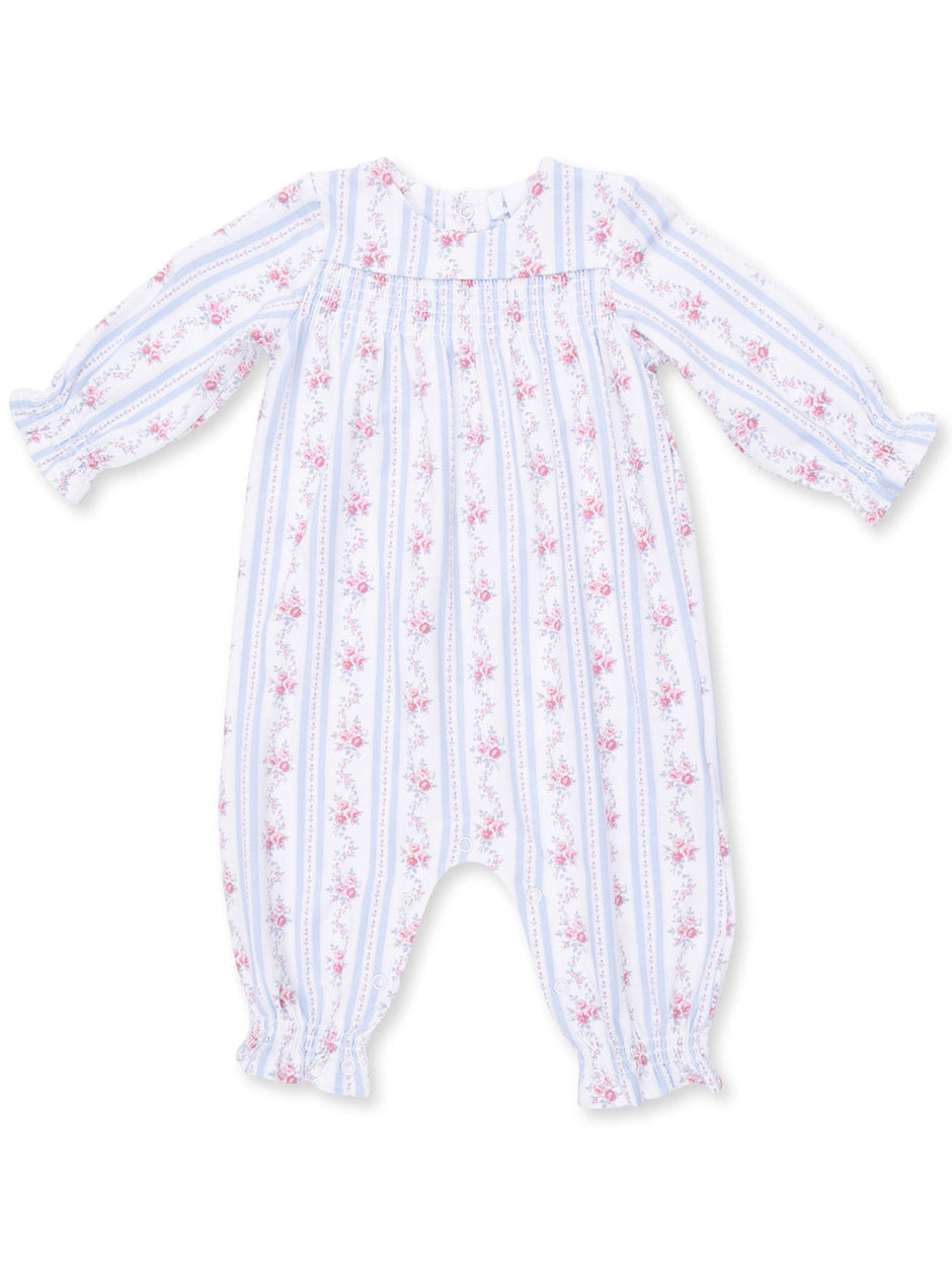Blue and white striped baby romper with floral patterns and elastic cuffs.