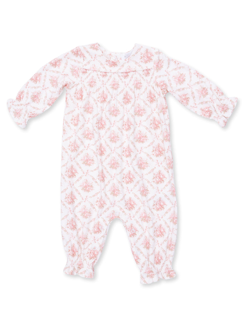 White long-sleeve baby romper with pink floral pattern and snap closures at the bottom.