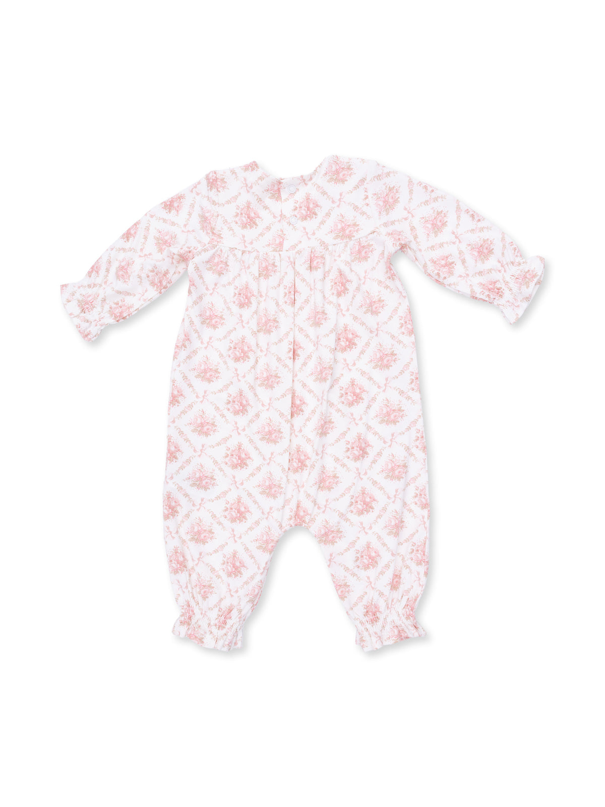 Baby romper with long sleeves and a pink floral pattern on a white background. Cozy and stylish for infants.