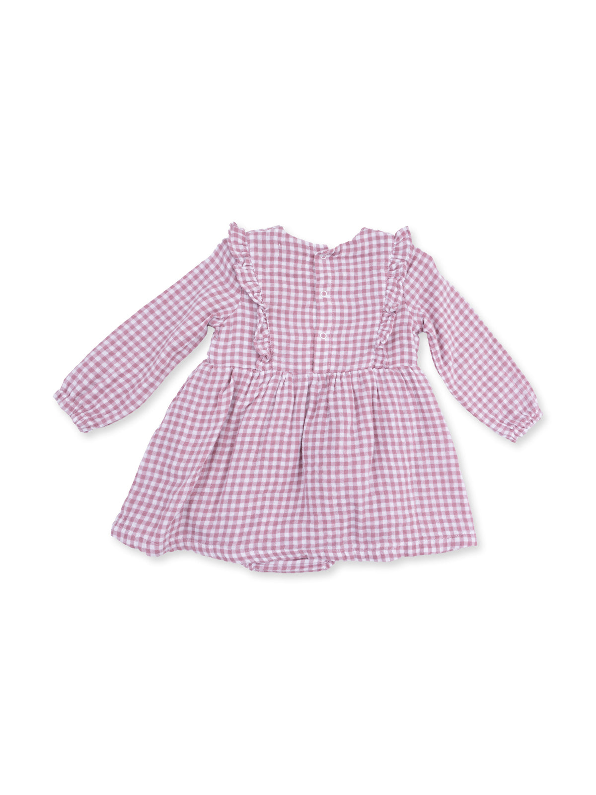 Pink and white gingham dress with ruffle details and long sleeves, displayed flat on a white background.