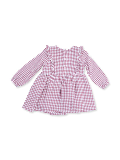 Pink and white gingham dress with ruffle details and long sleeves, displayed flat on a white background.