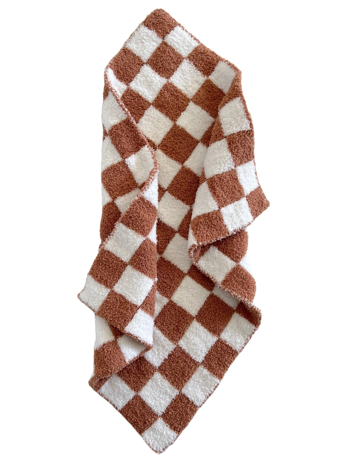Brown and white checkered towel draped stylishly with a soft, textured surface. Ideal for home decor and functionality.