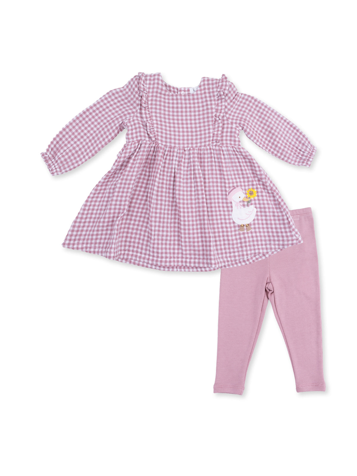 Pink gingham dress with ruffle details and matching pink leggings, featuring a cute duck embroidery.