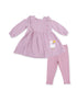 Pink gingham dress with ruffle details and matching pink leggings, featuring a cute duck embroidery.