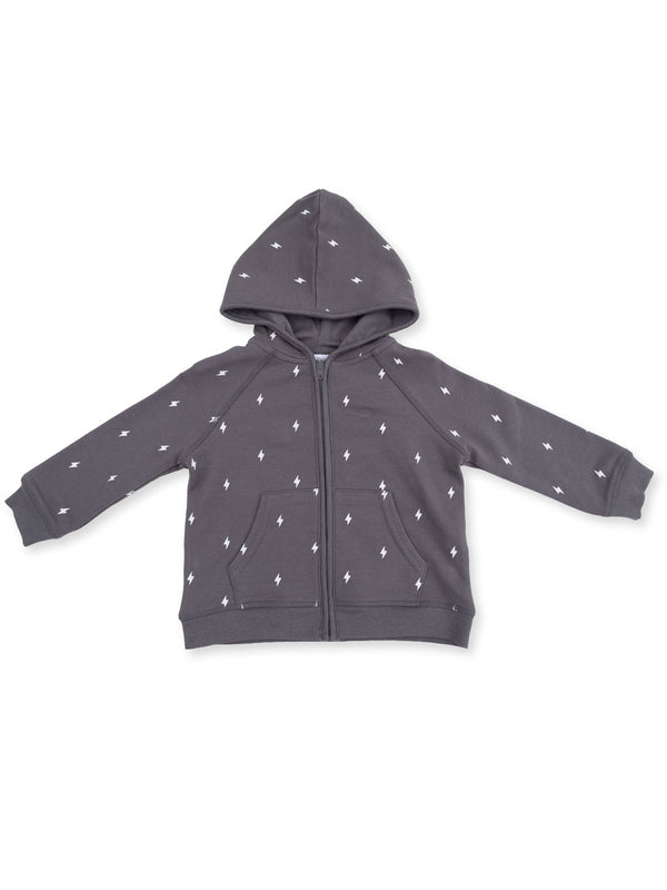 Gray zip-up hoodie with white lightning bolt pattern, featuring a hood and front pockets.