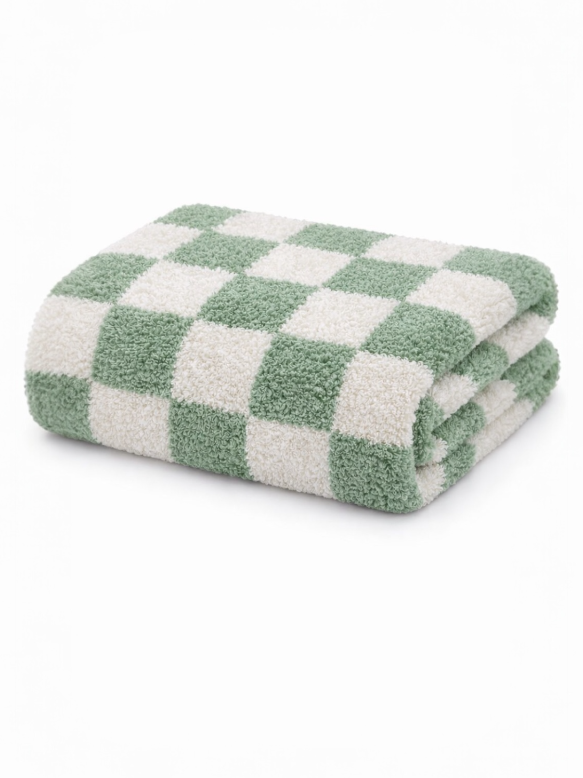 Folding green and white checkered towel stacked neatly on a white background.