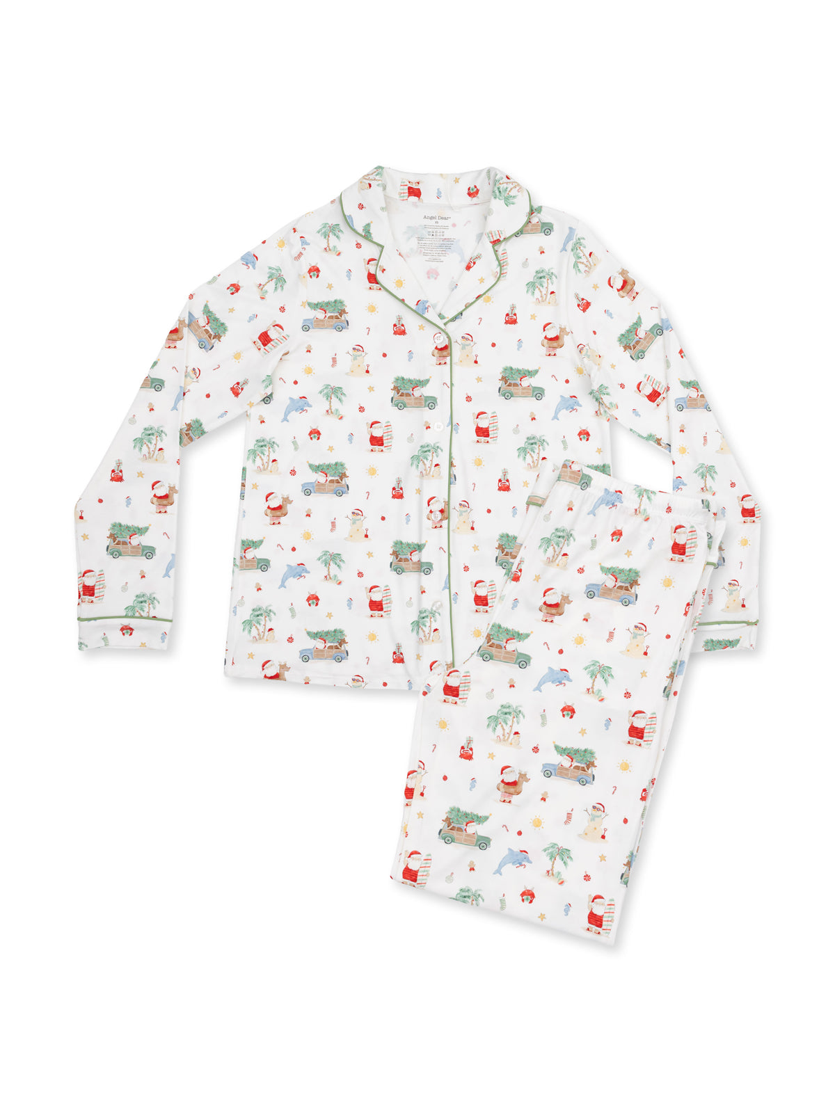 Fun holiday-themed children's pajamas with festive patterns of Santa, palm trees, and playful animals.