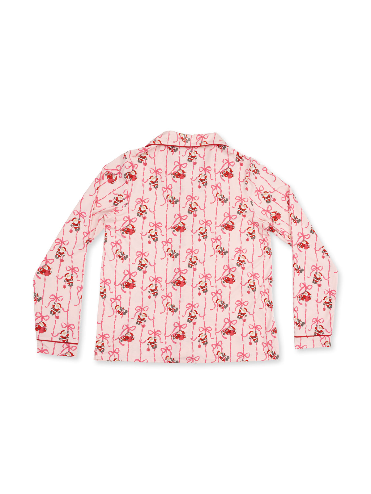 Pink long-sleeve shirt featuring a floral and ribbon print, viewed from the back.