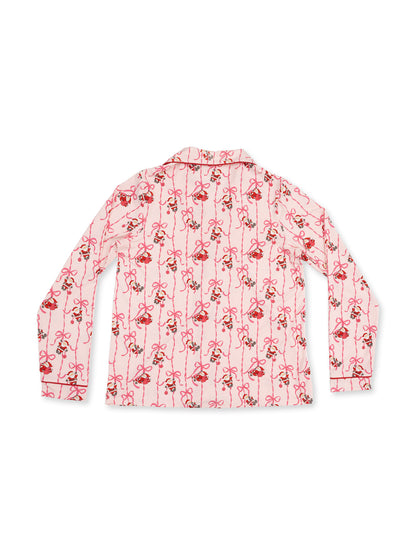 Pink long-sleeve shirt featuring a floral and ribbon print, viewed from the back.