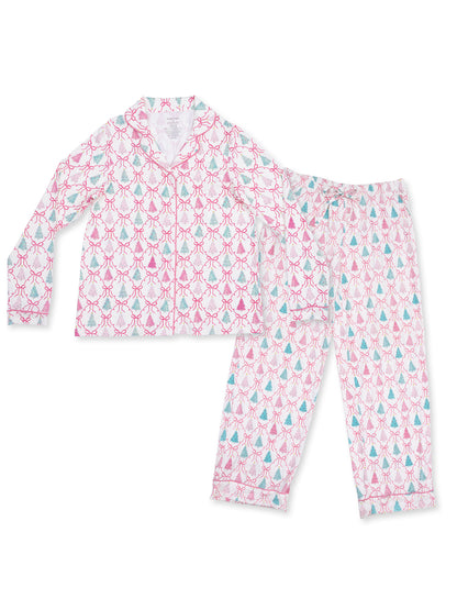 Children's pajama set featuring colorful patterns in pink and blue on a white background, includes long-sleeve top and pants.
