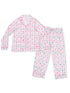 Children's pajama set featuring colorful patterns in pink and blue on a white background, includes long-sleeve top and pants.