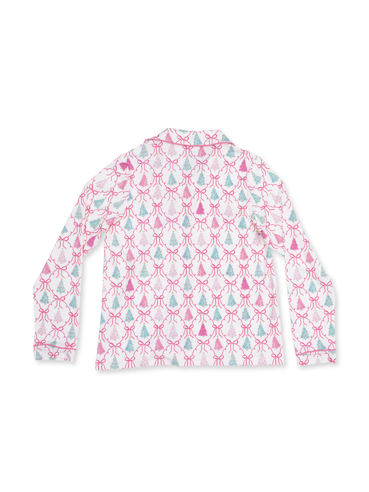Back view of a long-sleeve shirt featuring a pink and blue festive pattern with bows and trees.