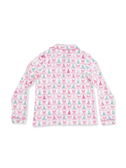 Back view of a long-sleeve shirt featuring a pink and blue festive pattern with bows and trees.