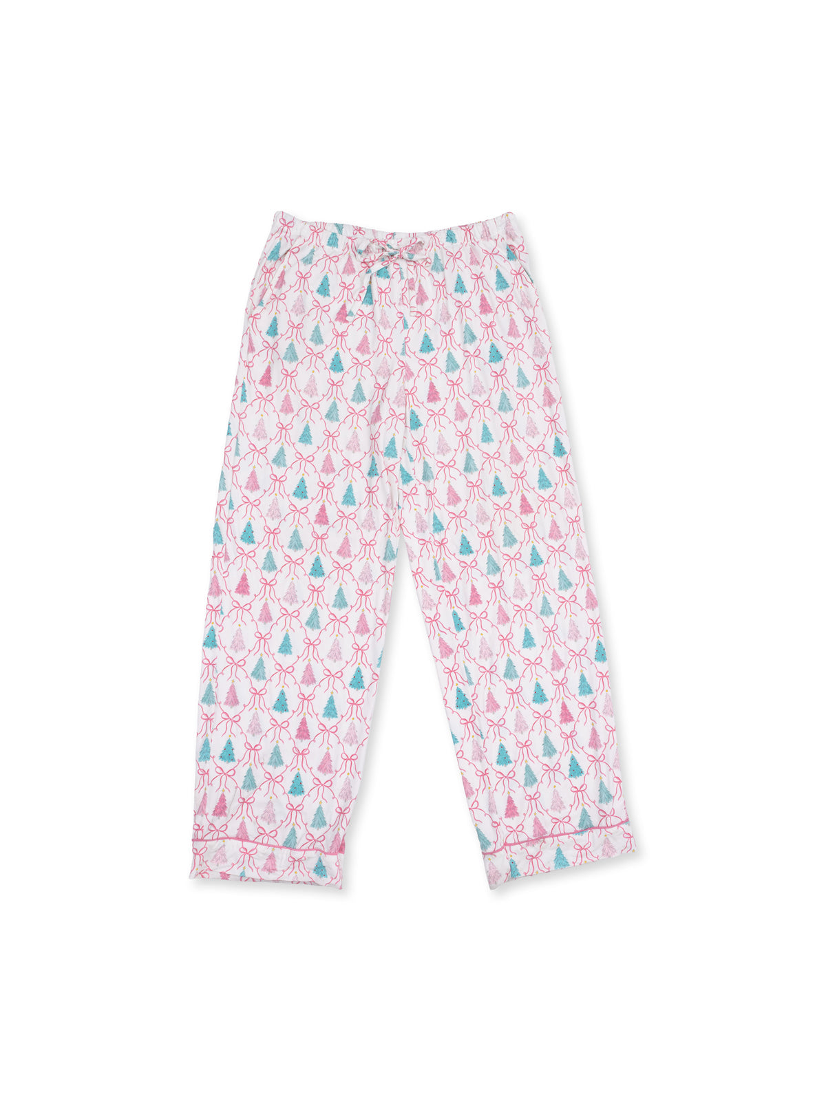 White pajama pants with a pink and teal bow pattern, featuring an elastic waistband and relaxed fit.