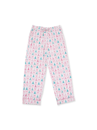 White pajama pants with a pink and teal bow pattern, featuring an elastic waistband and relaxed fit.