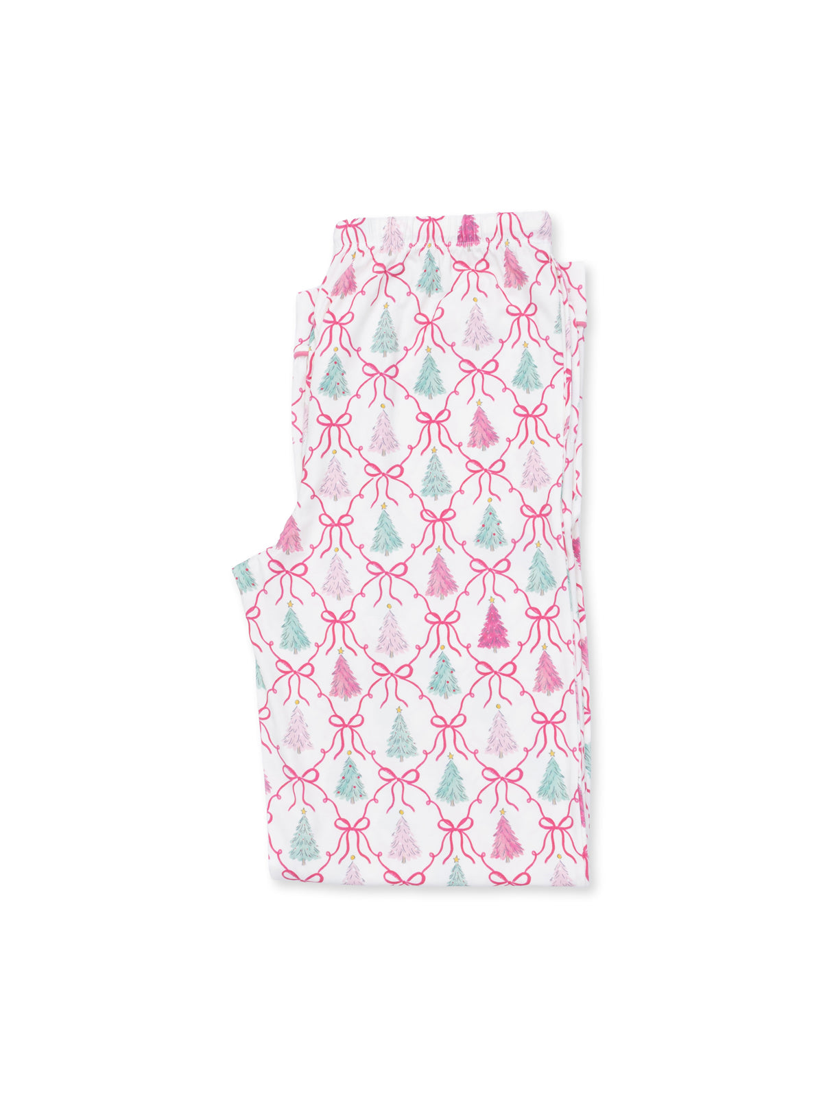 Patterned fabric featuring pink and teal holiday trees with bows on a white background.