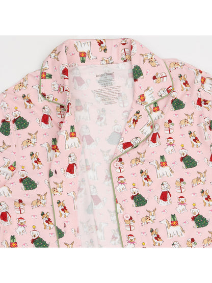 Adult Coat Style Lounge Set with Pockets, Christmas Dogs Pink