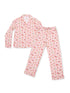 Pink pajama set with playful patterns featuring cartoon characters. Includes long-sleeve top and matching pants.