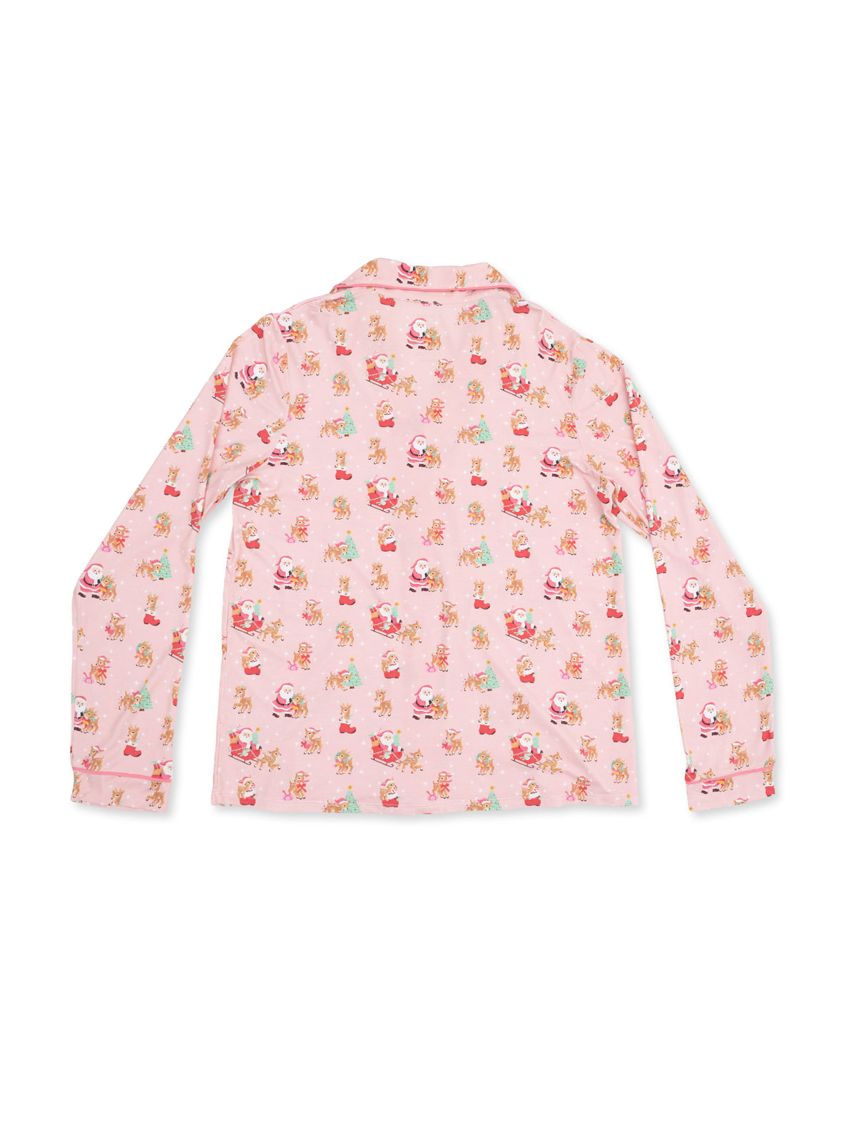 Pink long-sleeve shirt with a festive print of Santa, reindeer, and holiday decorations.