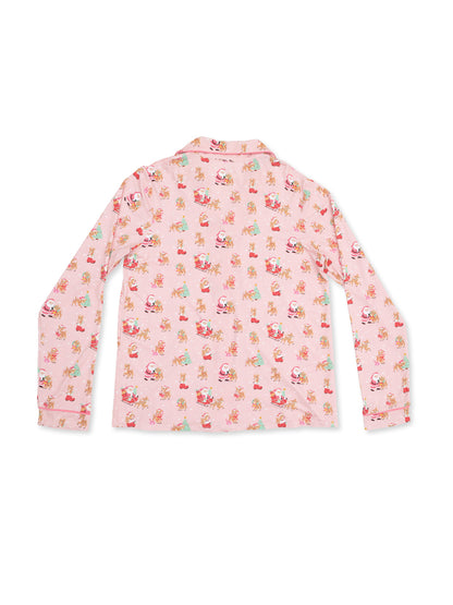 Pink long-sleeve shirt with a festive print of Santa, reindeer, and holiday decorations.