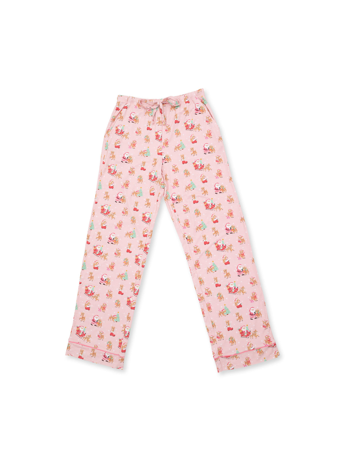 Pink pajama pants with a whimsical pattern of cartoon characters and festive designs throughout.