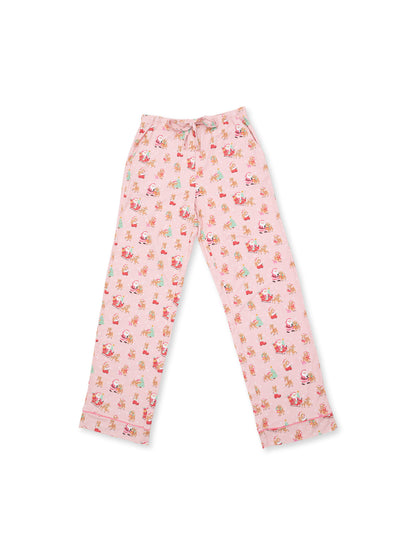 Pink pajama pants with a whimsical pattern of cartoon characters and festive designs throughout.