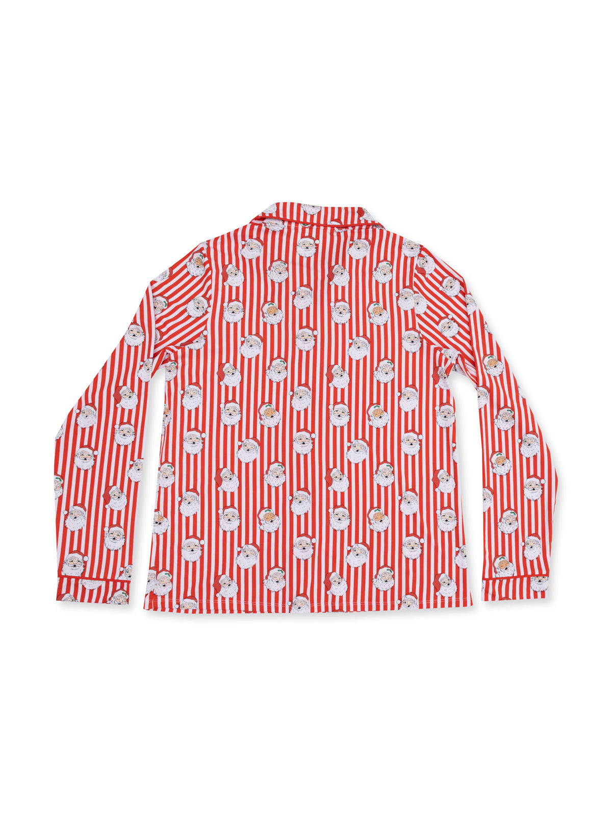 Back view of a red and white striped shirt featuring a playful popcorn pattern with cartoon characters.
