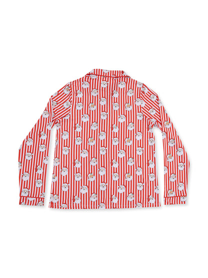 Back view of a red and white striped shirt featuring a playful popcorn pattern with cartoon characters.