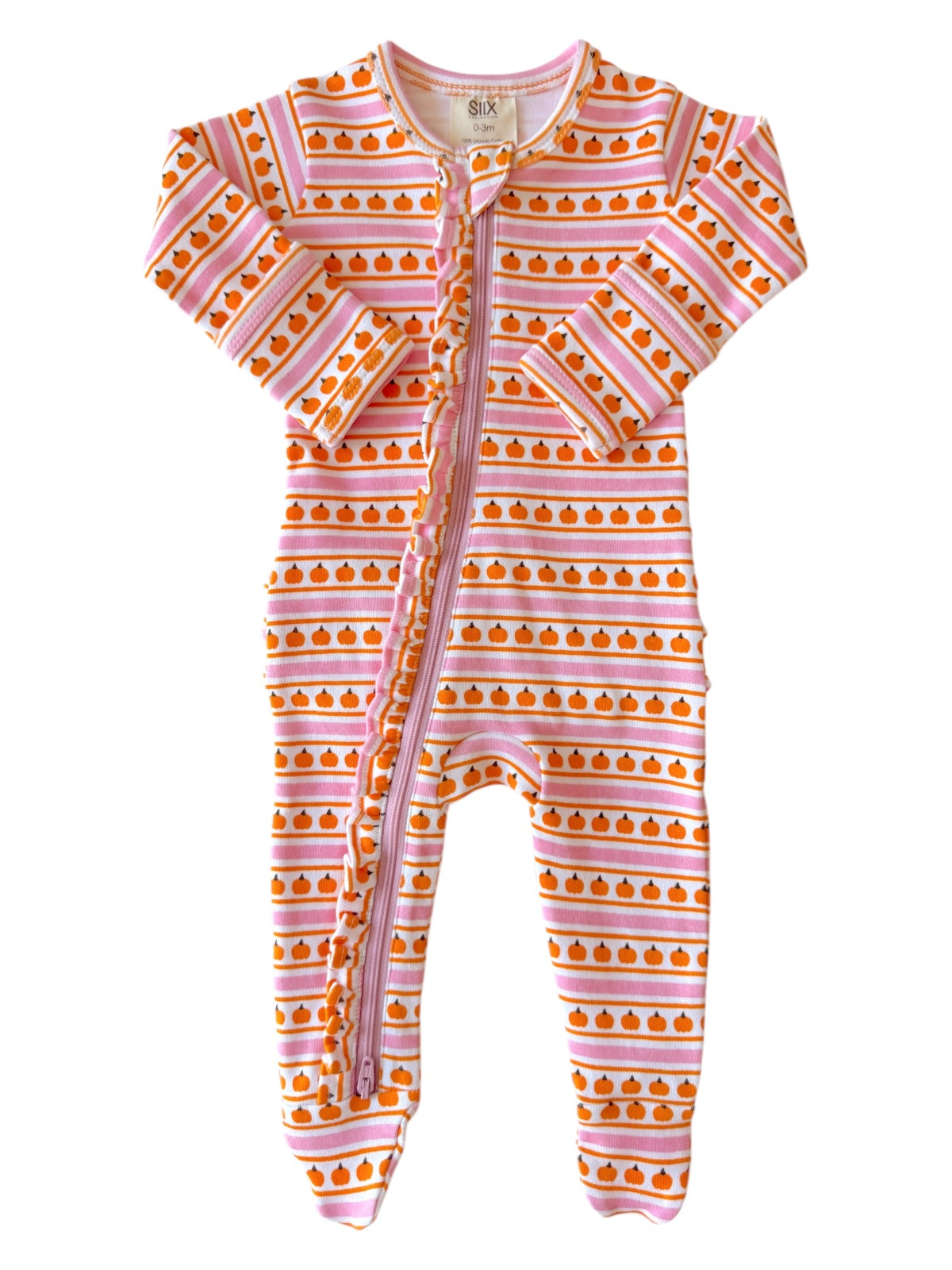 Infant onesie in pink and orange pumpkin pattern, featuring a front zip closure and long sleeves.