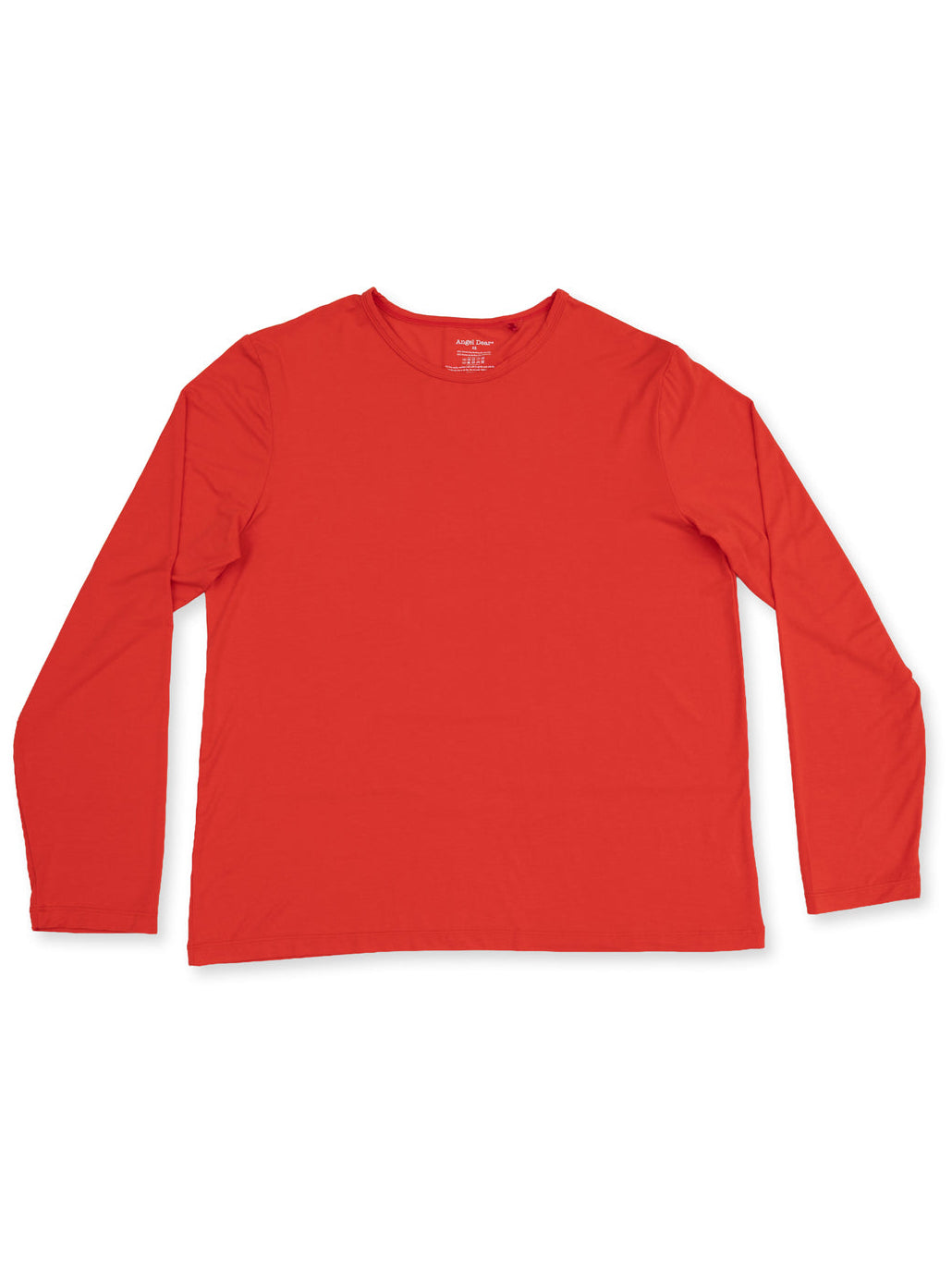 Red long-sleeve shirt laid flat against a white background, showcasing its simple design and vibrant color.