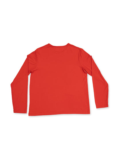 Red long-sleeve shirt displayed from the back on a white background.