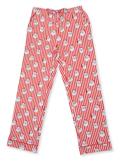 Red pajama pants with festive Santa and snowman prints against white and red striped background.