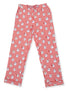 Red pajama pants with festive Santa and snowman prints against white and red striped background.