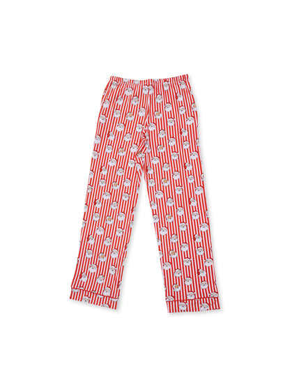 Red and white striped pants featuring a playful popcorn print design. Perfect for movie nights and comfort wear.